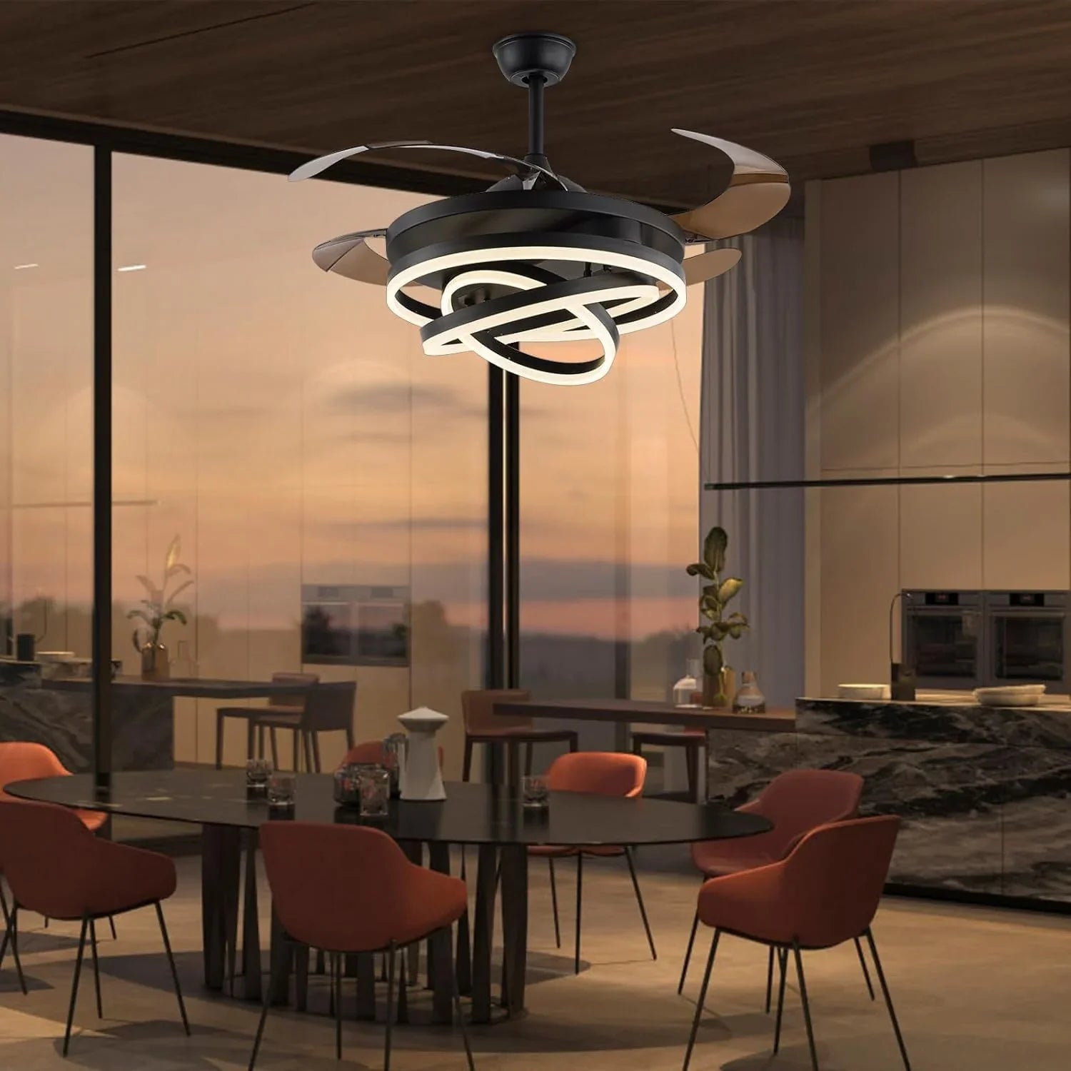 Black Ring-Light Retractable-Blade Ceiling Fan