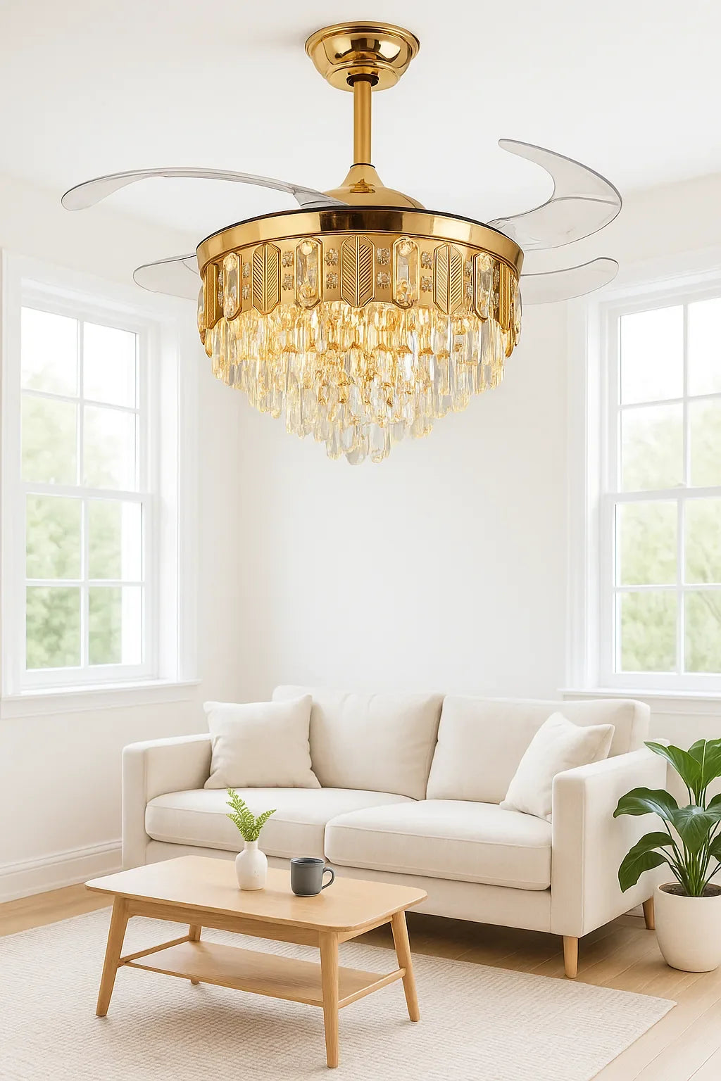 Crystal-Drop Retractable-Blade Fan Chandelier