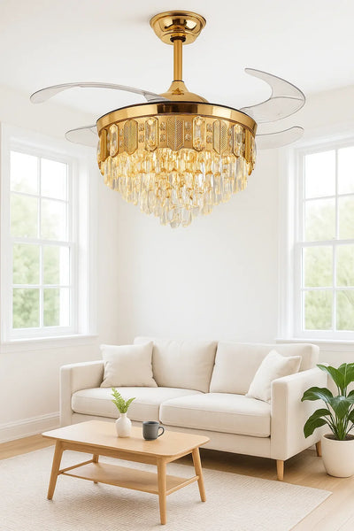 Crystal-Drop Retractable-Blade Fan Chandelier