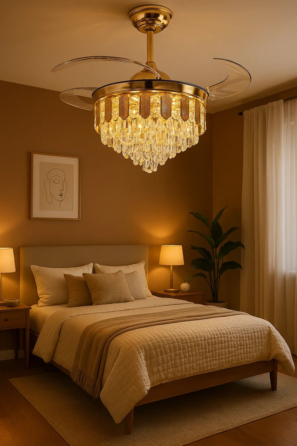 Crystal-Drop Retractable-Blade Fan Chandelier