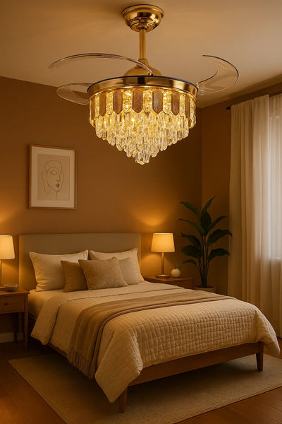 Crystal-Drop Retractable-Blade Fan Chandelier