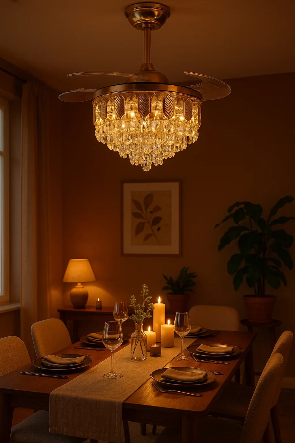 Crystal-Drop Retractable-Blade Fan Chandelier