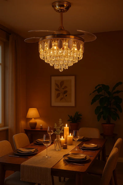 Crystal-Drop Retractable-Blade Fan Chandelier