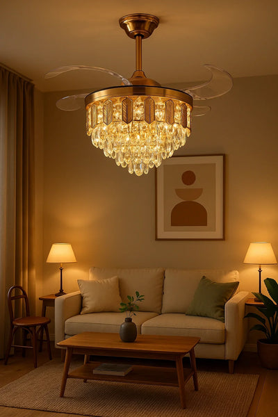 Crystal-Drop Retractable-Blade Fan Chandelier