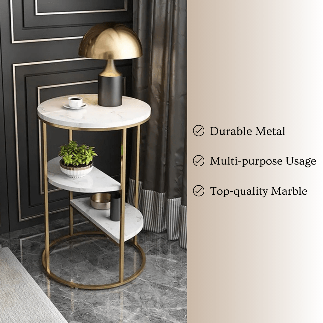 3 Tier Shelf End Table | Elegant Marble Top Sofa Side Table for Living Room| Corner Table