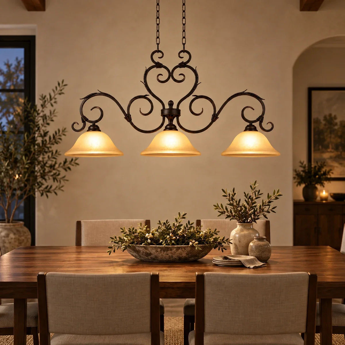 Bliss & Birch Antique Scroll Three-Shade Linear Pendant