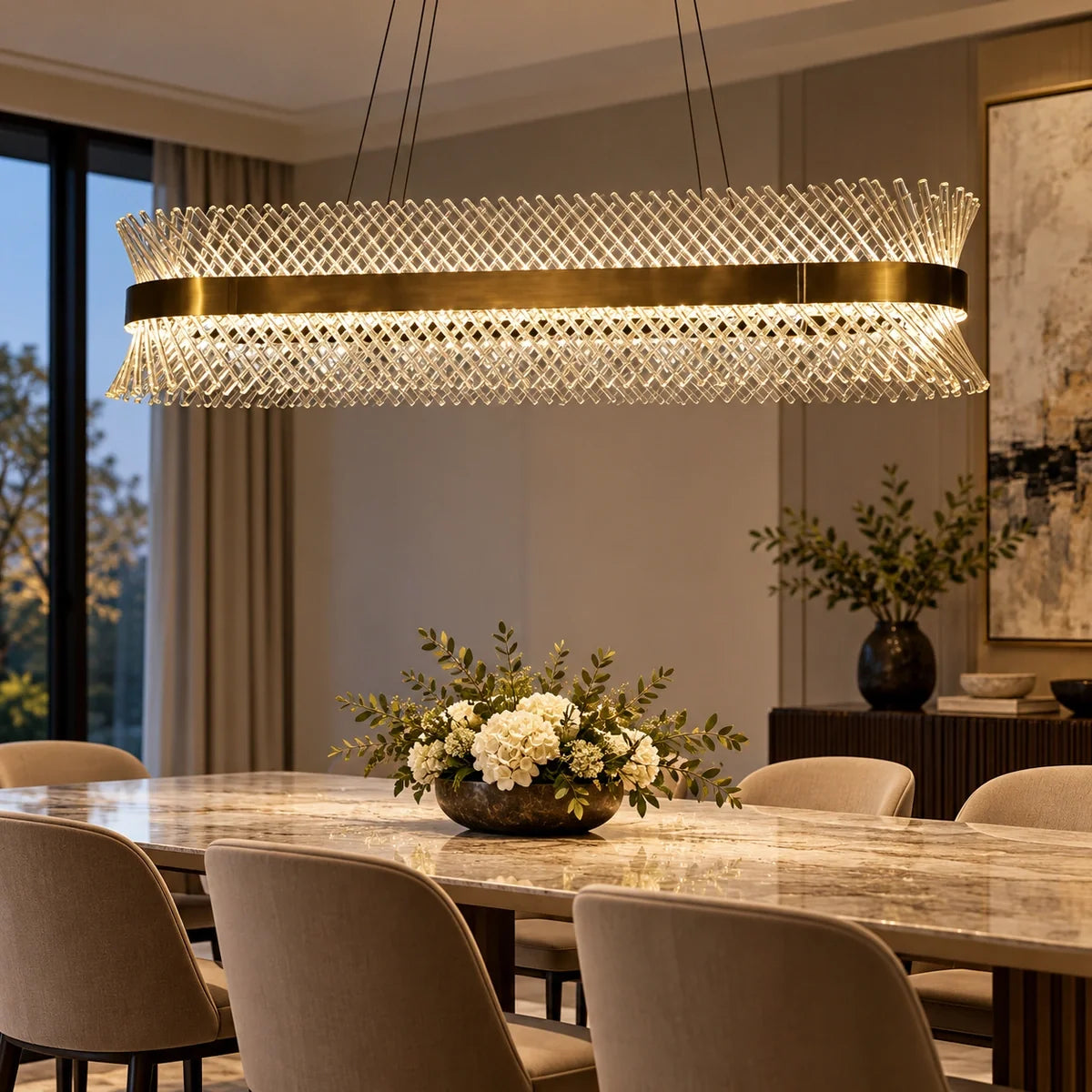 Bliss & Birch Antique Brass Clear Glass Lattice Linear Chandelier