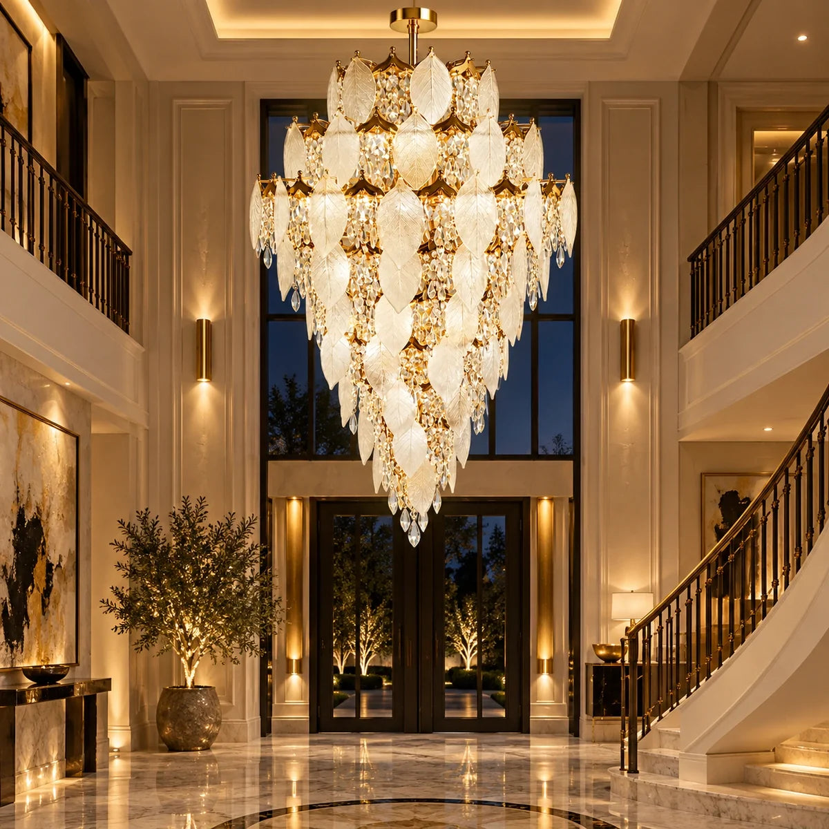Bliss & Birch Grand Frosted Leaf Double-Height Chandelier