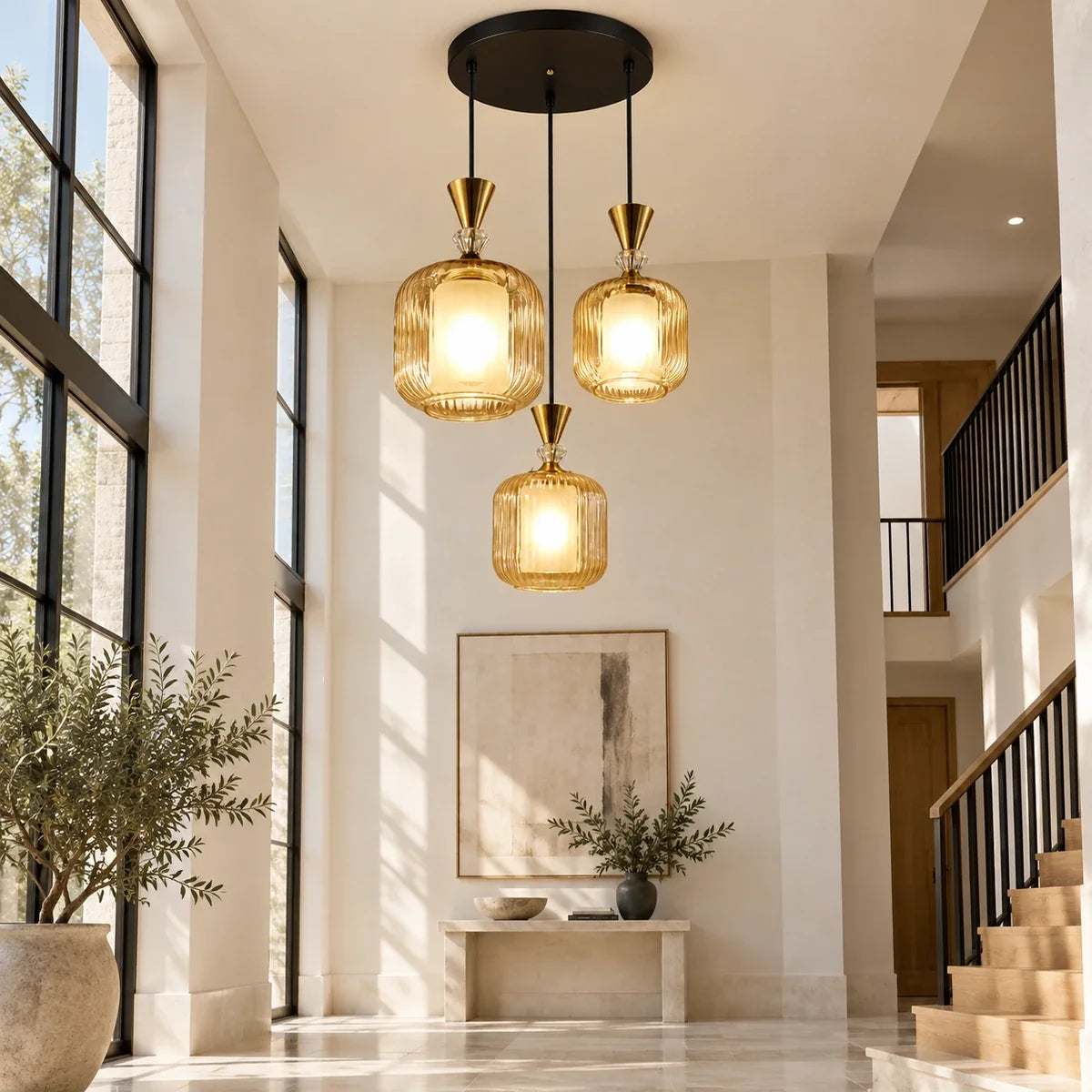 Bliss & Birch Amber Glass Three-Light Pendant Cluster