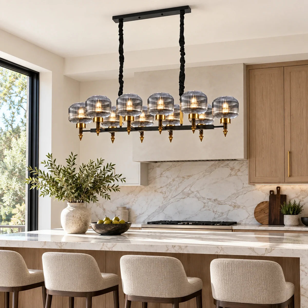 Bliss & Birch Smoke Glass Ten-Light Linear Pendant