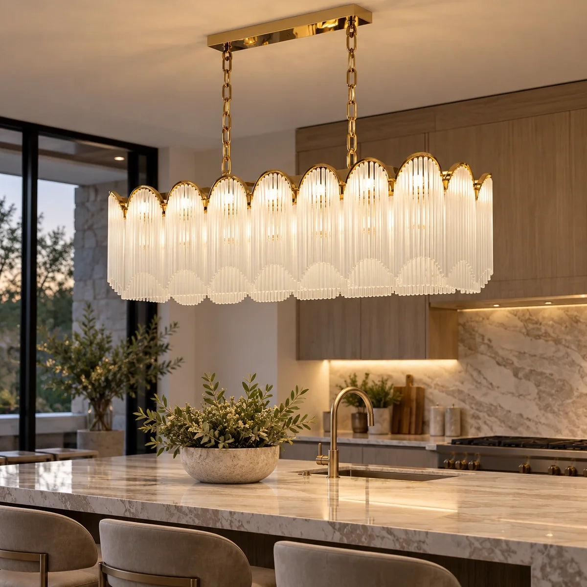 Bliss & Birch Gold Frosted Glass Scalloped Linear Chandelier