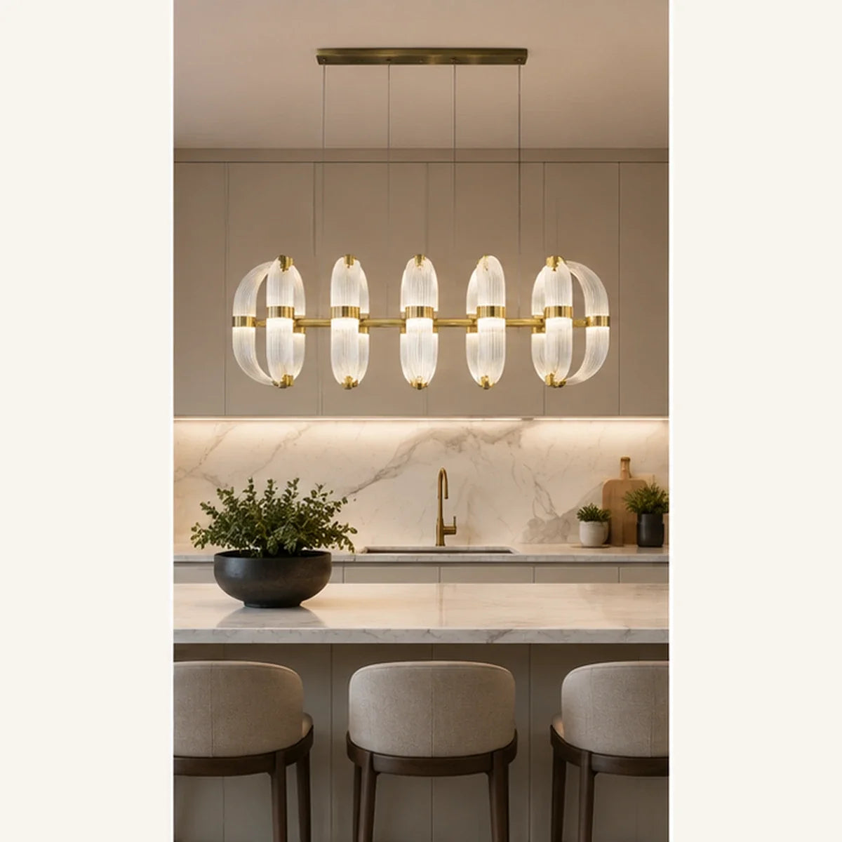Bliss & Birch Antique Brass Ribbed Glass Linear Chandelier