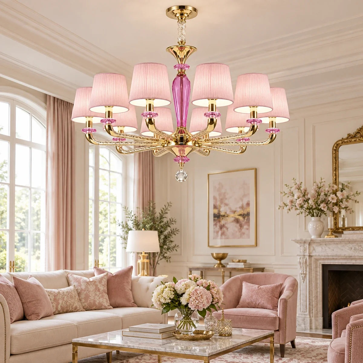 Bliss & Birch Pink Shade Ten-Light Chandelier
