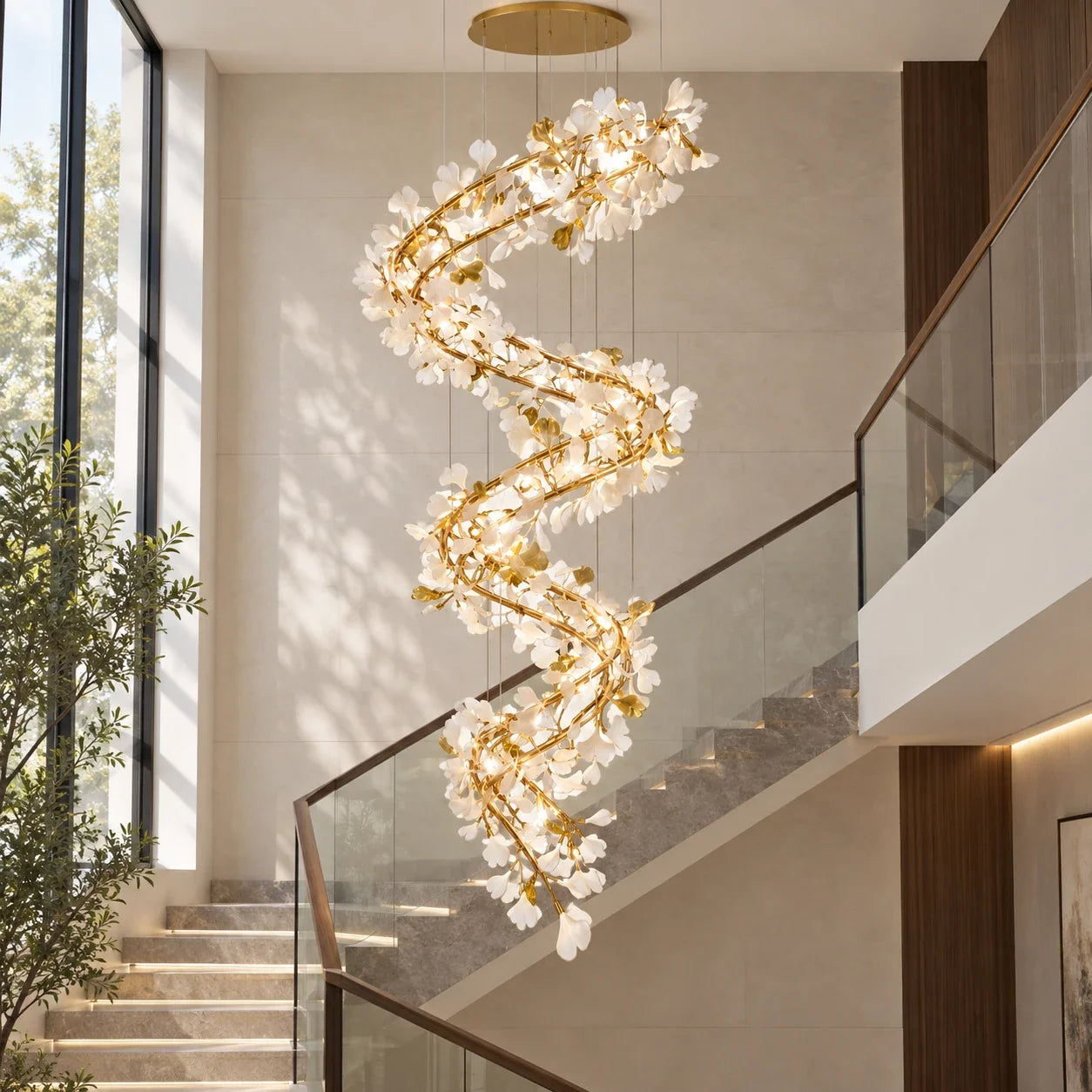 Bliss & Birch Spiral White Leaf Double-Height Chandelier