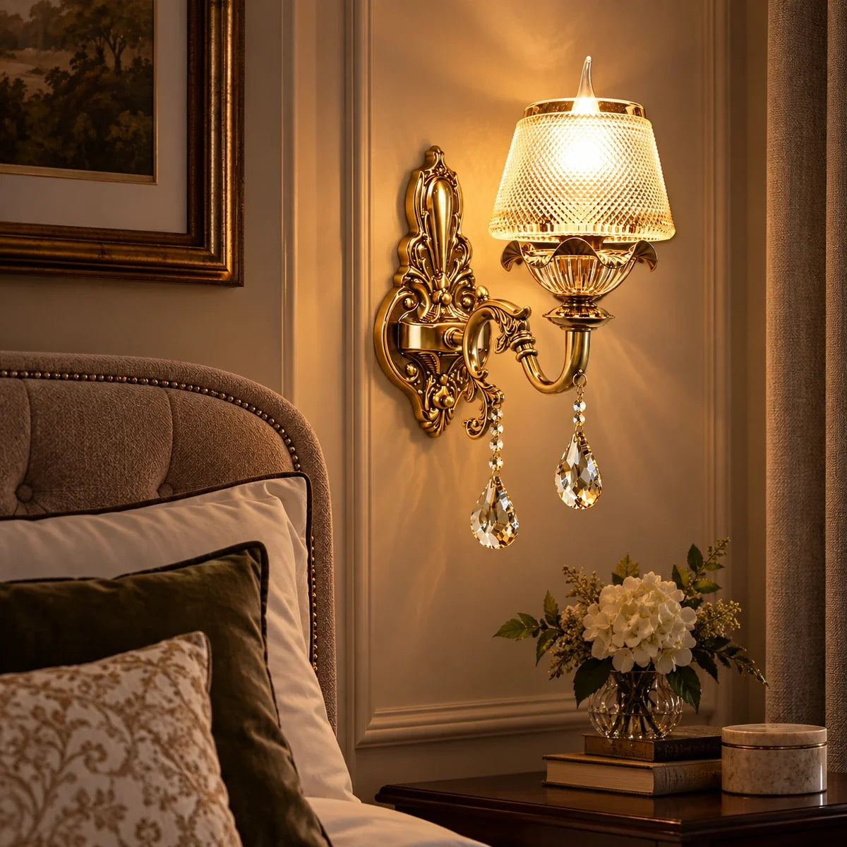 Bliss & Birch Antique Gold Crystal-Shade Wall Light