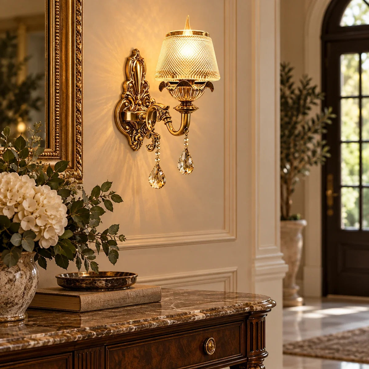 Bliss & Birch Antique Gold Crystal-Shade Wall Light