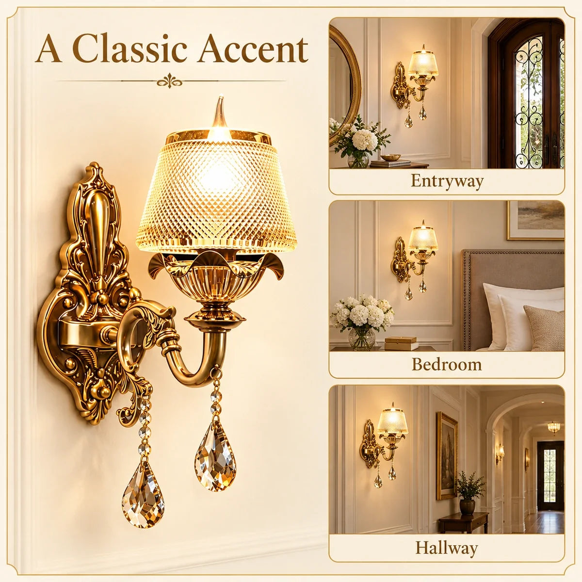 Bliss & Birch Antique Gold Crystal-Shade Wall Light