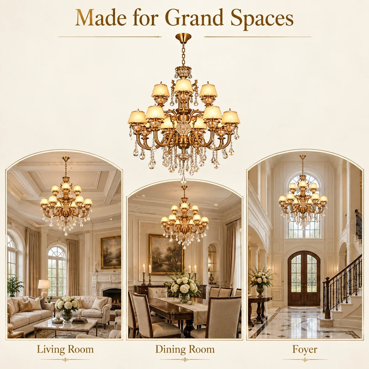 Bliss & Birch Two-Tier Antique Gold Crystal Chandelier