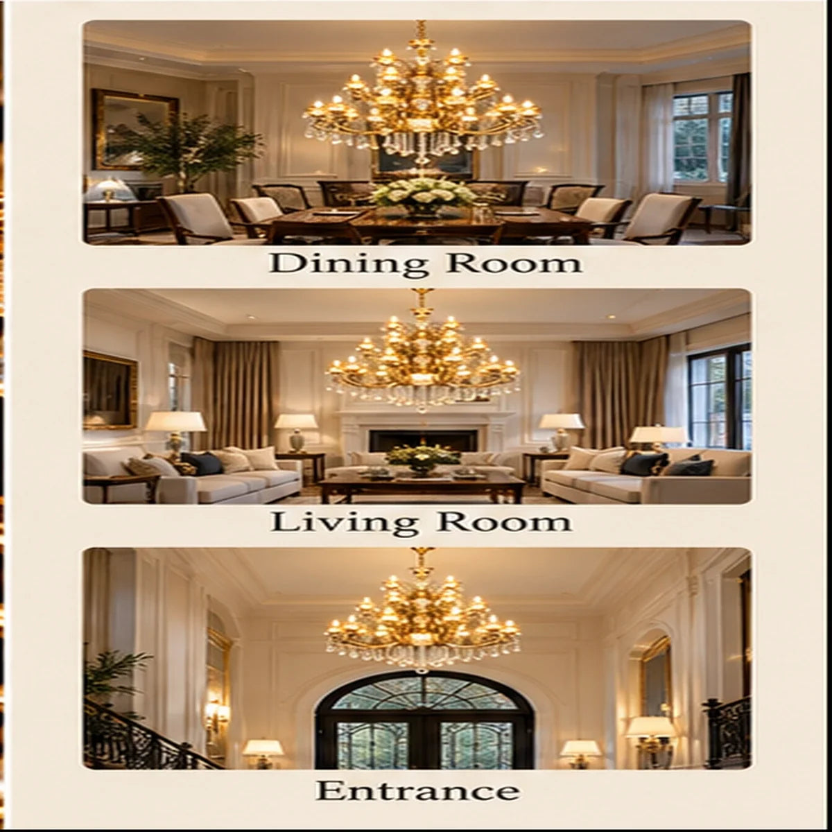 Bliss & Birch Antique Gold Three-Tier Crystal Chandelier