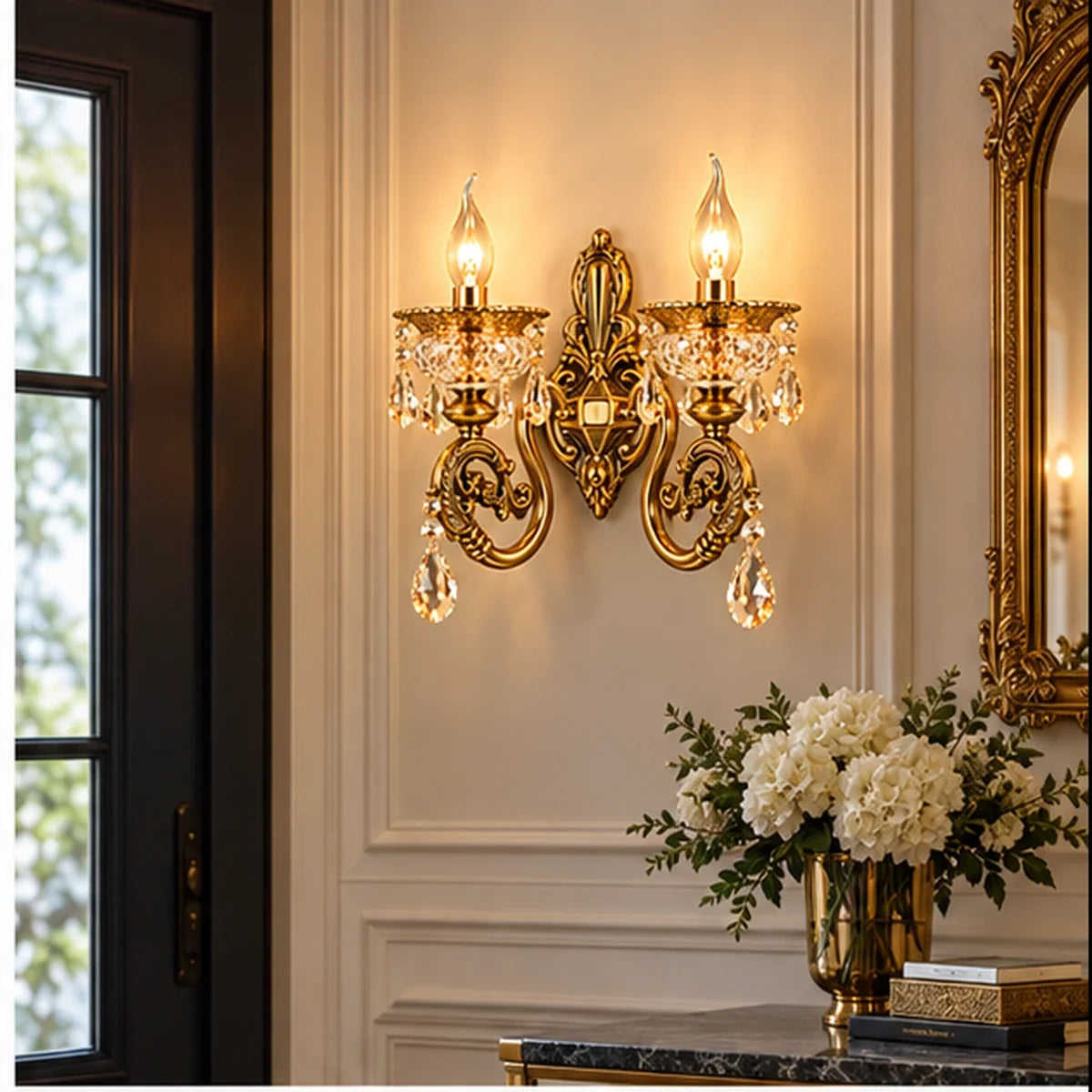Bliss & Birch Antique Gold Two-Arm Crystal Wall Light