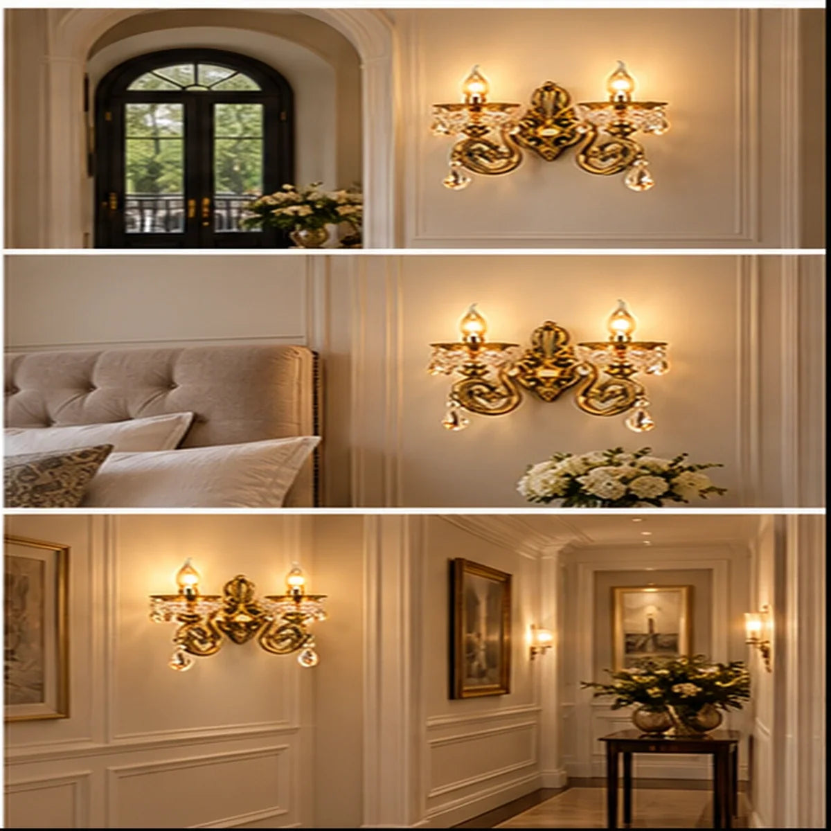 Bliss & Birch Antique Gold Two-Arm Crystal Wall Light