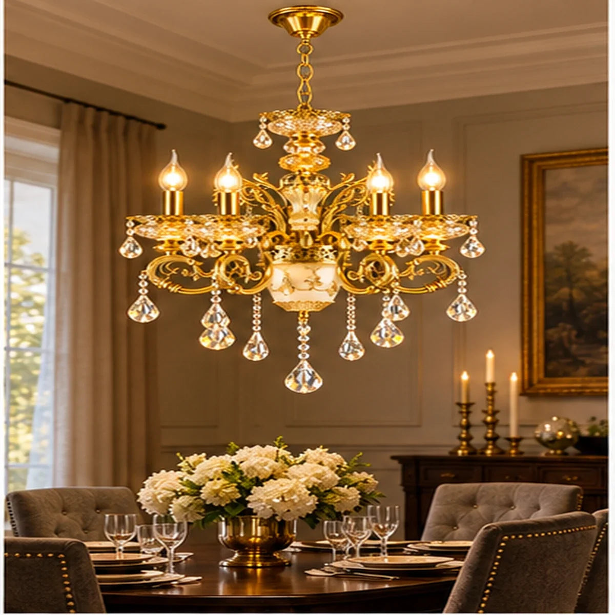 Bliss & Birch Antique Gold Six-Arm Crystal Chandelier