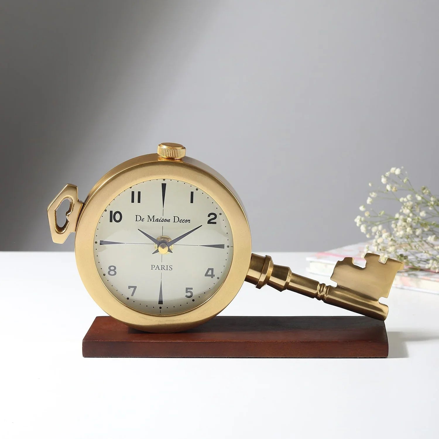 Areios Table Clock | Vintage Key Design Desk Clock in Gold Finish with Wooden Base