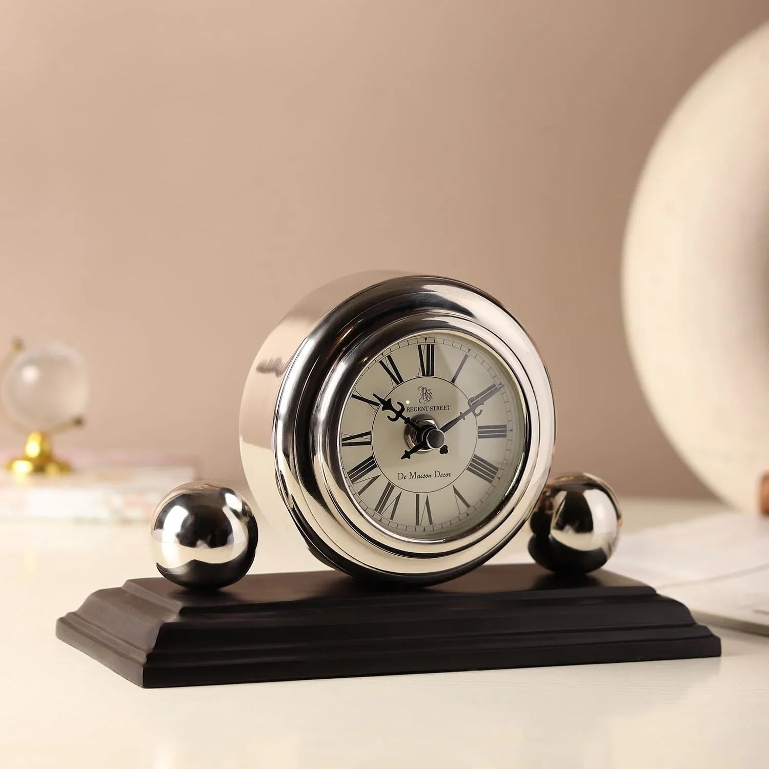 Orbit  Designer Table Clock | Sculptural Vintage-Inspired Desk Clock in Gold & Silver