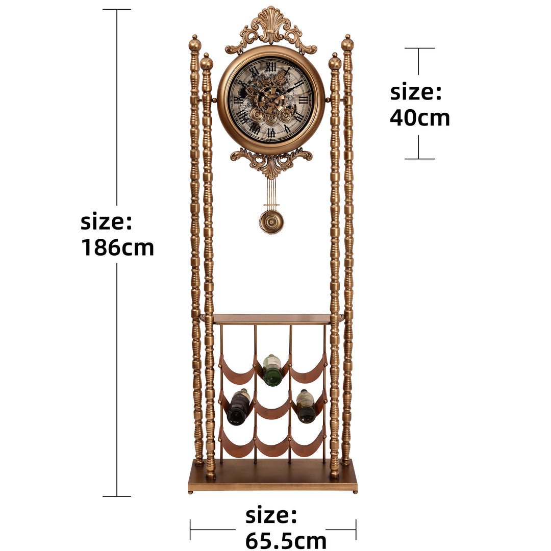 Bordeaux Metal Pendulum Moving Gears Wine Rack Floor Clock, Gold, 186cm