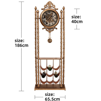 Bordeaux Metal Pendulum Moving Gears Wine Rack Floor Clock, Gold, 186cm