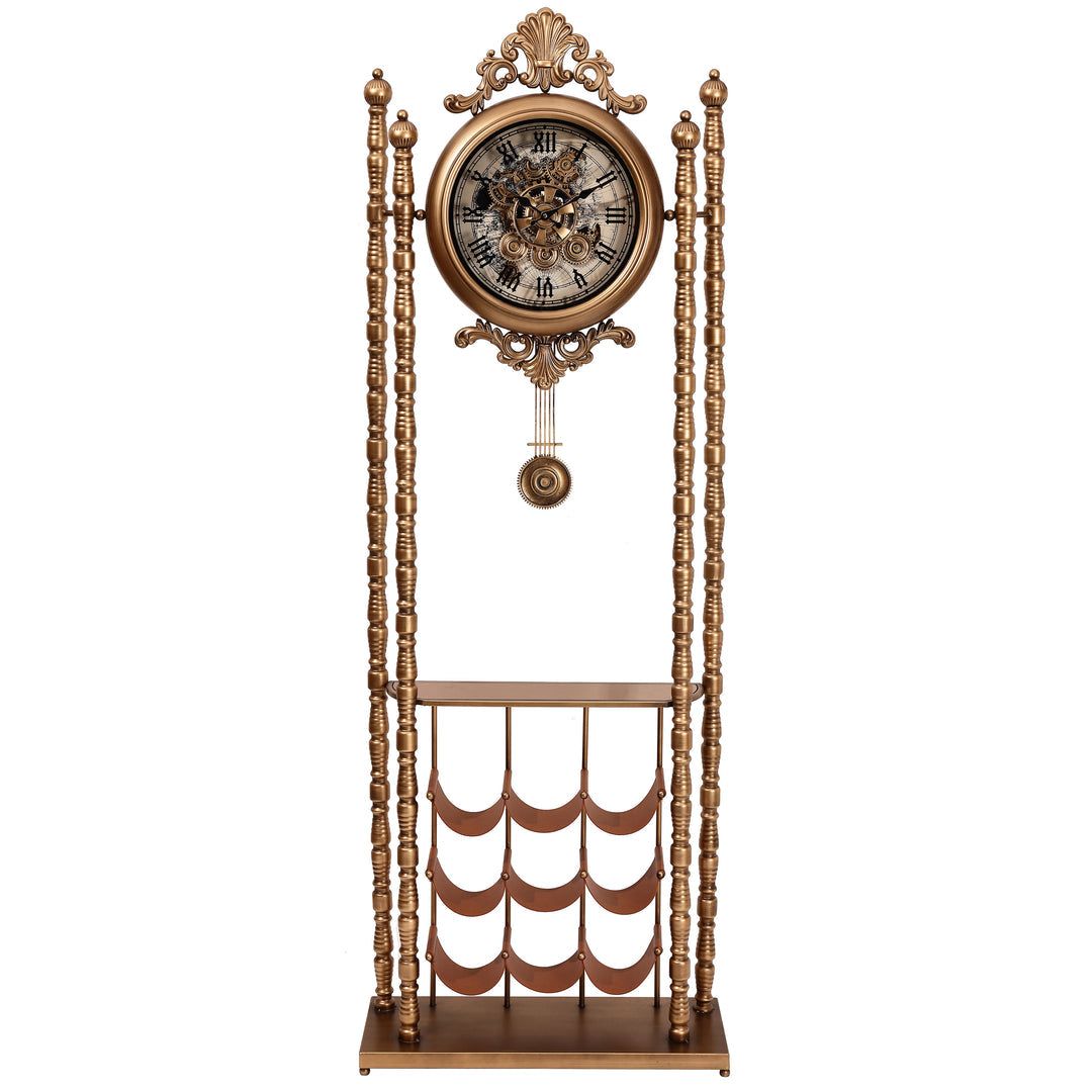 Bordeaux Metal Pendulum Moving Gears Wine Rack Floor Clock, Gold, 186cm