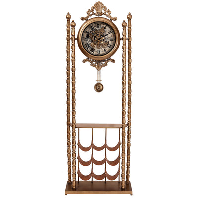 Bordeaux Metal Pendulum Moving Gears Wine Rack Floor Clock, Gold, 186cm