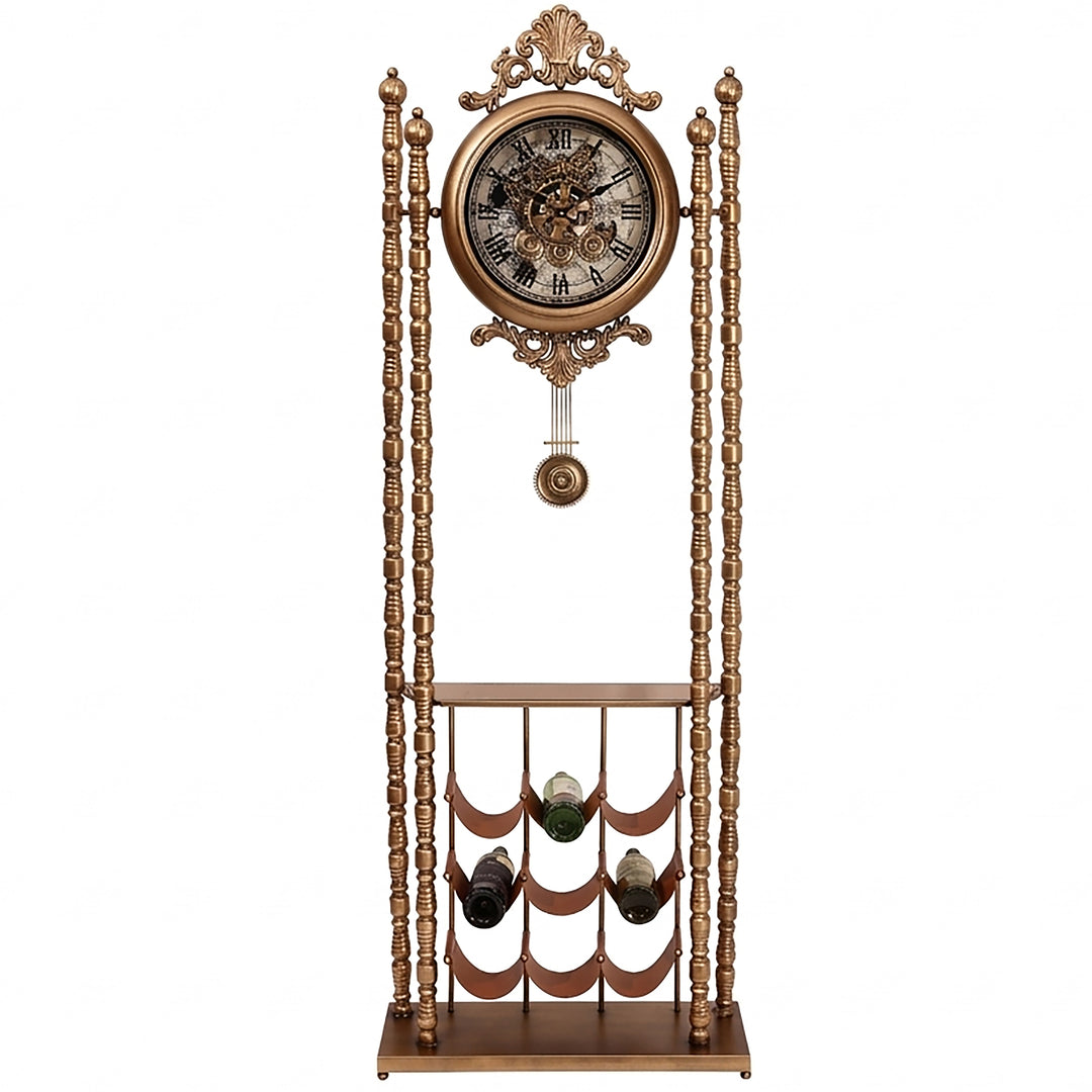 Bordeaux Metal Pendulum Moving Gears Wine Rack Floor Clock, Gold, 186cm