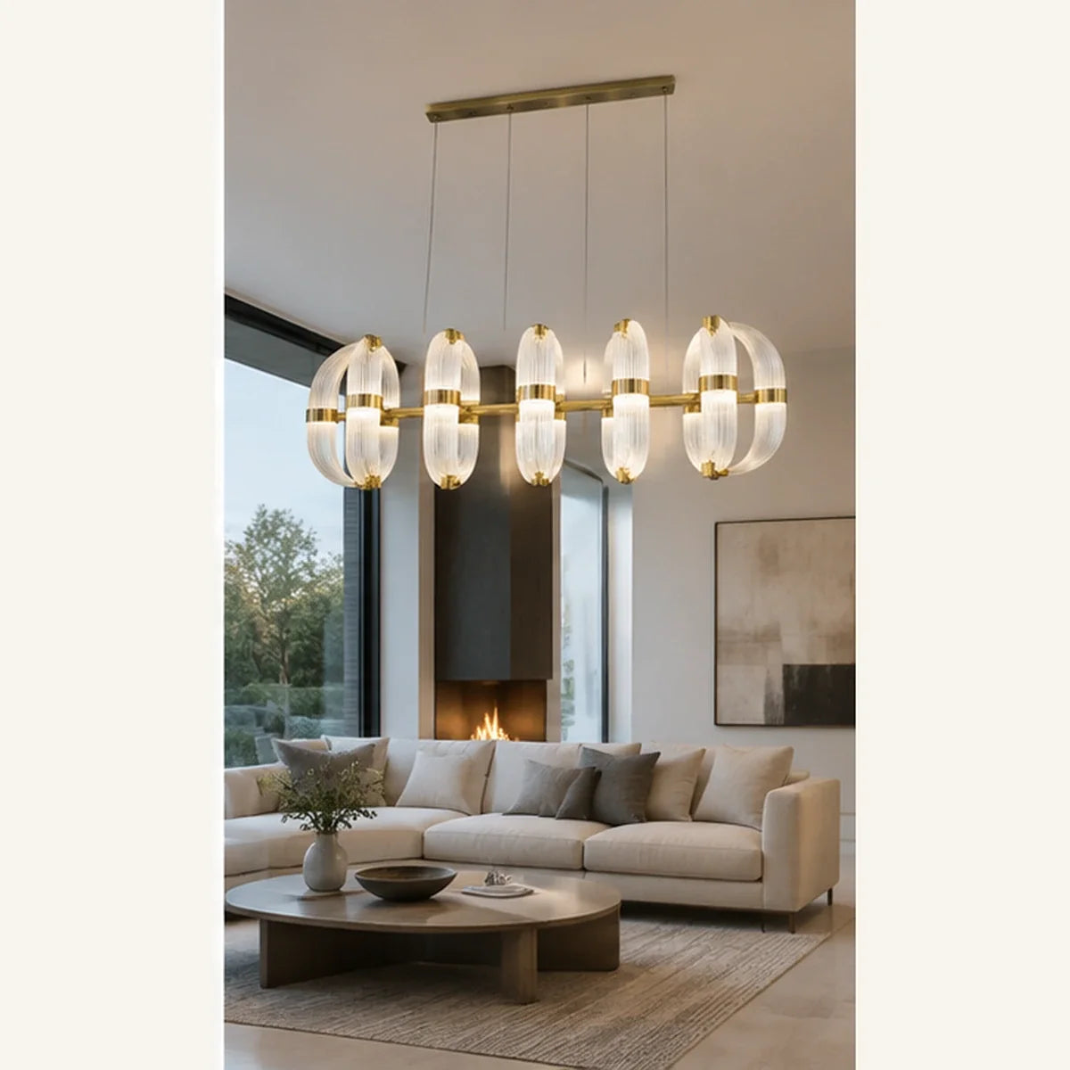 Bliss & Birch Antique Brass Ribbed Glass Linear Chandelier