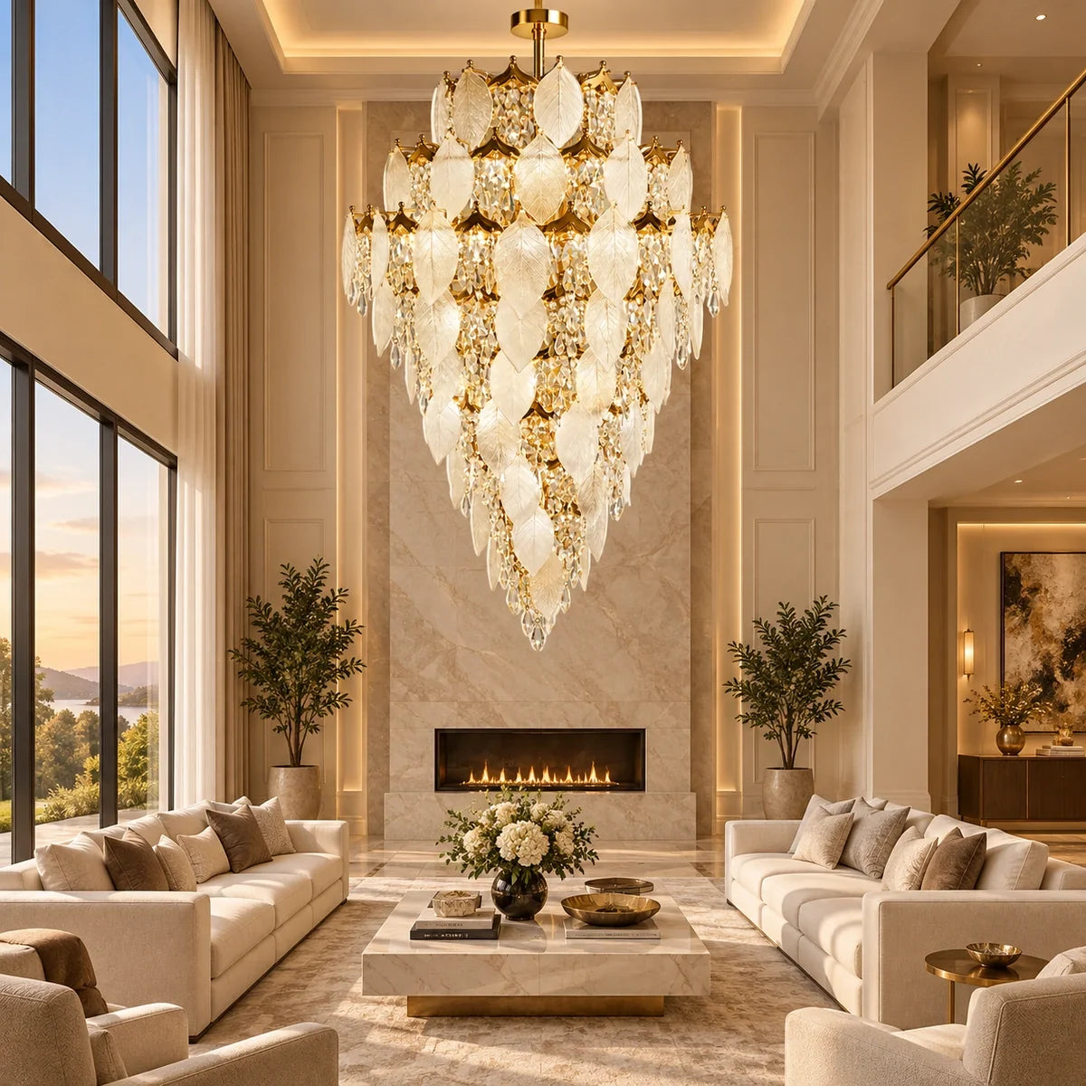 Bliss & Birch Grand Frosted Leaf Double-Height Chandelier