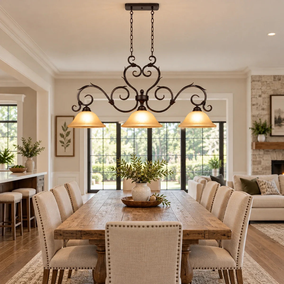 Bliss & Birch Antique Scroll Three-Shade Linear Pendant