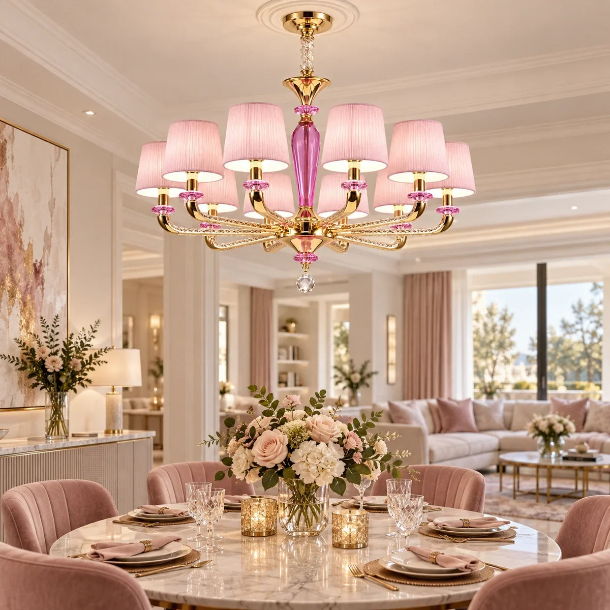 Bliss & Birch Pink Shade Ten-Light Chandelier