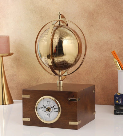 Atlasphere Decorative Table Clock | Luxury Metal & Wood Desk Clock for Home & Office Decor