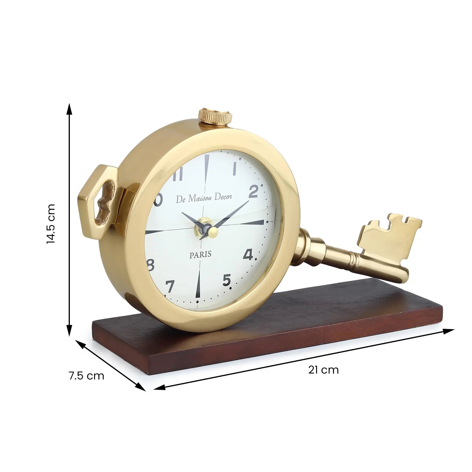 Areios Table Clock | Vintage Key Design Desk Clock in Gold Finish with Wooden Base