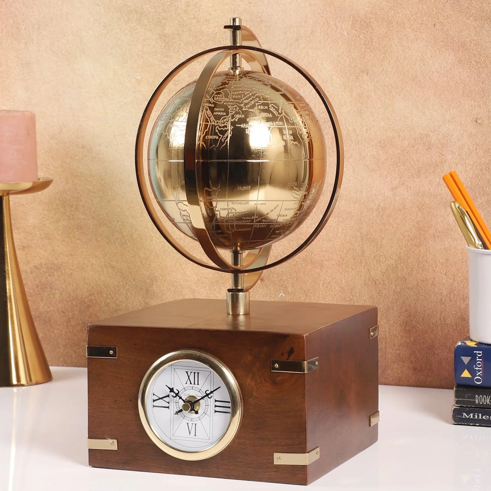 Atlasphere Decorative Table Clock | Luxury Metal & Wood Desk Clock for Home & Office Decor