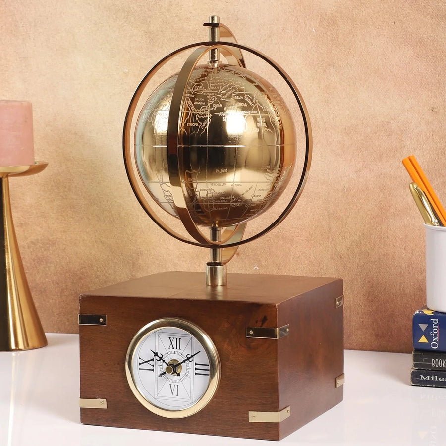 Atlasphere Decorative Table Clock | Luxury Metal & Wood Desk Clock for Home & Office Decor